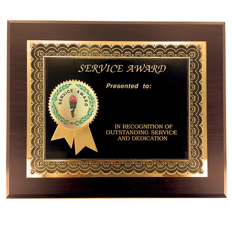 8 X 10 INCH YEARS OF SERVICE AWARD PLAQUE WITH 2 INCH ETCHED ENAMEL BRASS MEDALLION