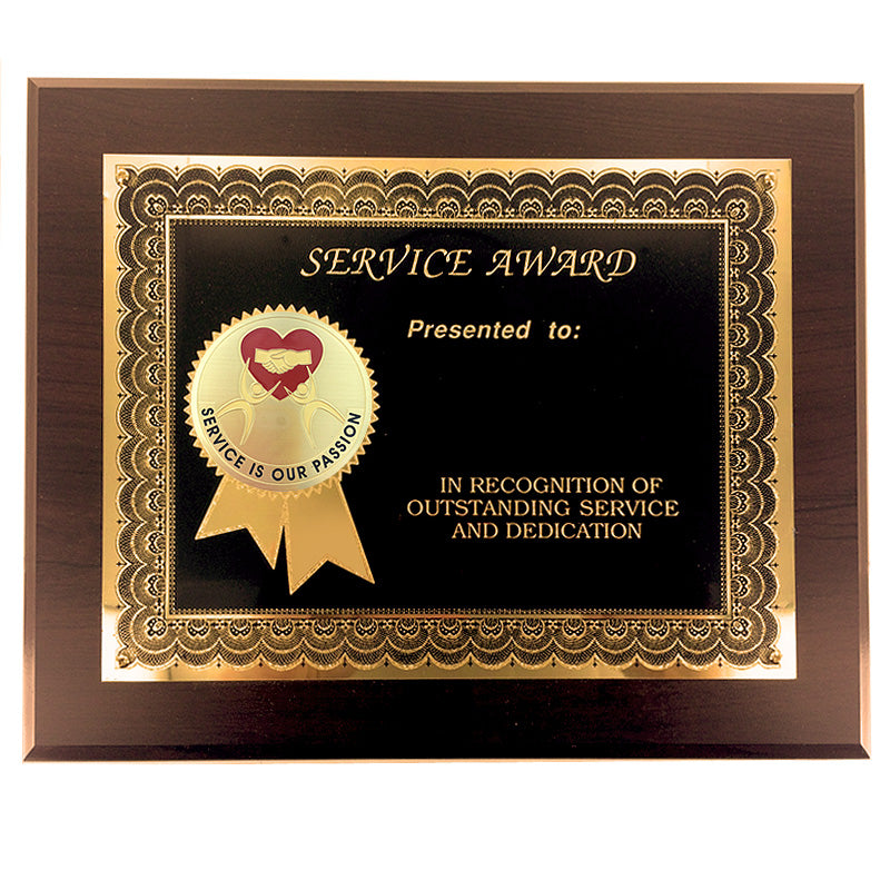 8 X 10 INCH SERVICE IS OUR PASSION AWARD PLAQUE WITH 2 INCH ETCHED ENAMEL BRASS MEDALLION