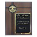 8 INCH x 10 INCH WALNUT RETIREMENT PLAQUE WITH 2 INCH ETCHED ENAMEL MEDALLION WITH BLACK SCREEN ENGRAVING
