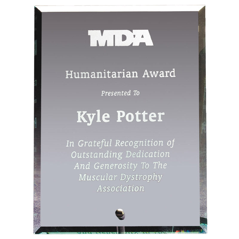 8"x 10"x 3/8 INCH PREMIUM BEVELED EDGE GLASS AWARD WITH SILVER PINSTAND