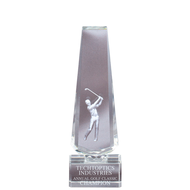 8" x 2-3/4 INCH GOLF TOWER OPTICAL CRYSTAL WITH MALE GOLFER LASER ENGRAVE