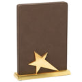 8 x 5-1/2 INCH BROWN LEATHERETTE STAR TROPHY ON METAL BASE