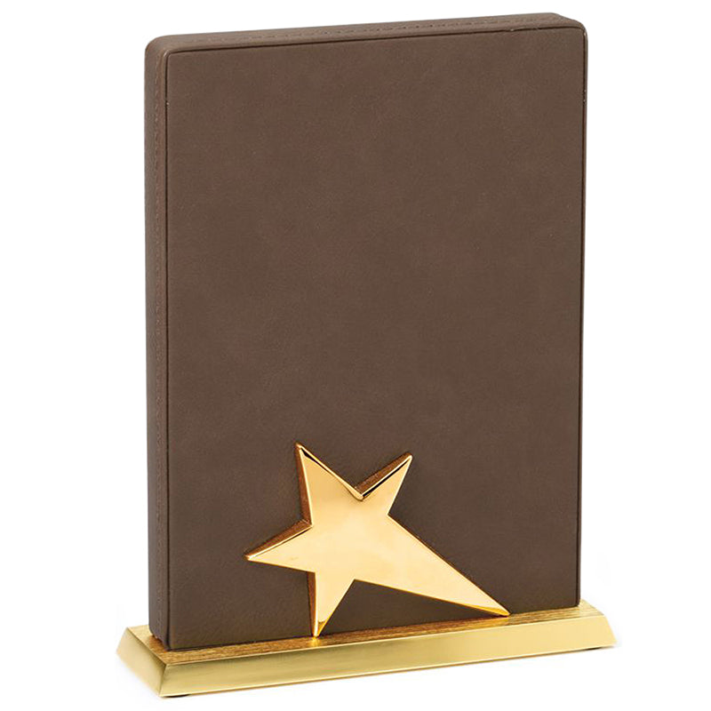 8 x 5-1/2 INCH BROWN LEATHERETTE STAR TROPHY ON METAL BASE
