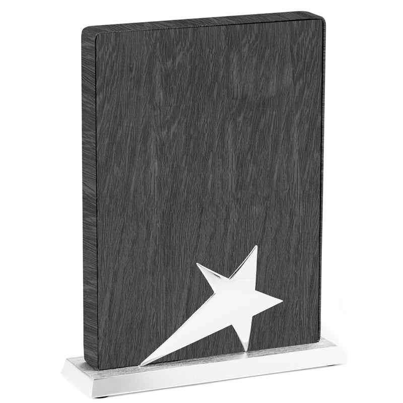 8 x 5-1/2 INCH GREY LEATHERETTE STAR TROPHY ON METAL BASE