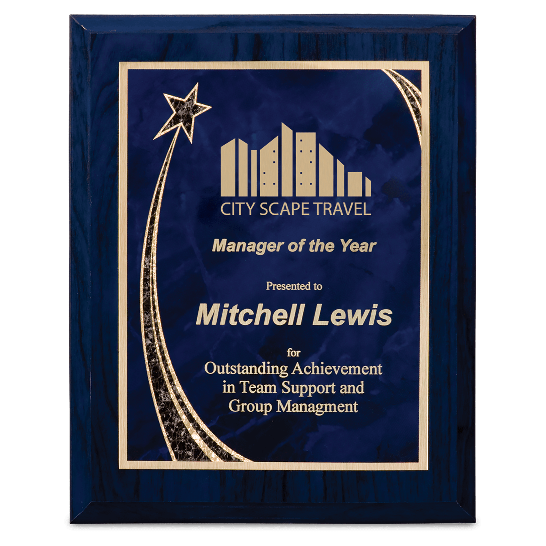 8" x 10" Woodgrain Plaque with Blue Rising Star Plate