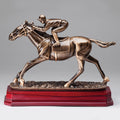 9-1/2 INCH ANTIQUE BRASS RESIN HORSE RACER TROPHY BRASS AND ROSEWOOD FINISH