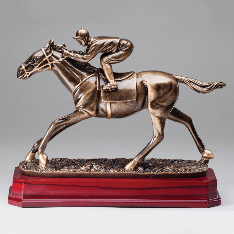 9-1/2 INCH ANTIQUE BRASS RESIN HORSE RACER TROPHY BRASS AND ROSEWOOD FINISH