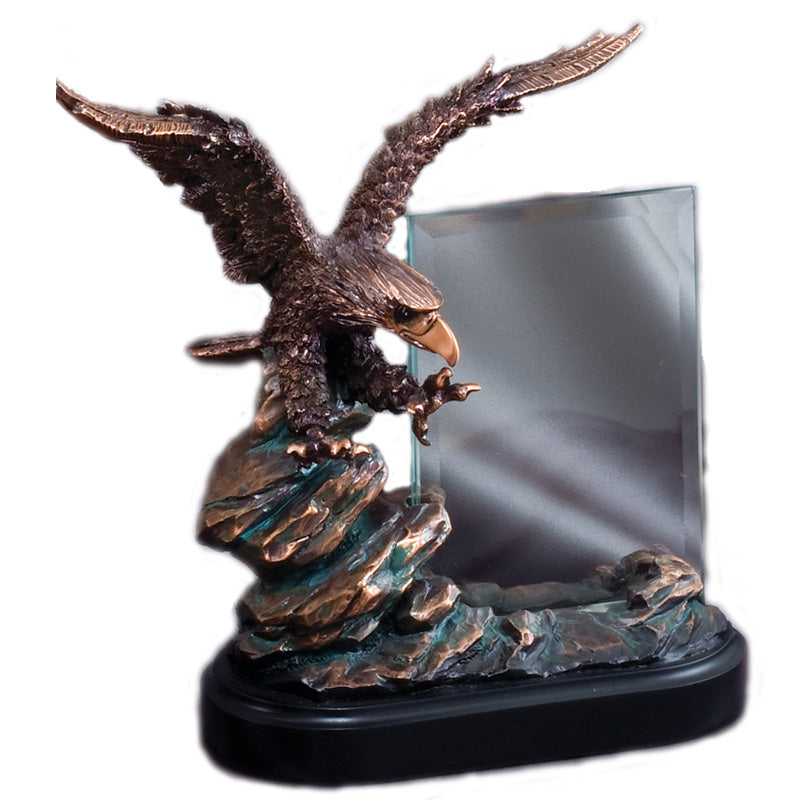 9-1/2 INCH ELECTROPLATED BRONZE EAGLE ON ROCK WITH 4 X 6 INCH GLASS TROPHY