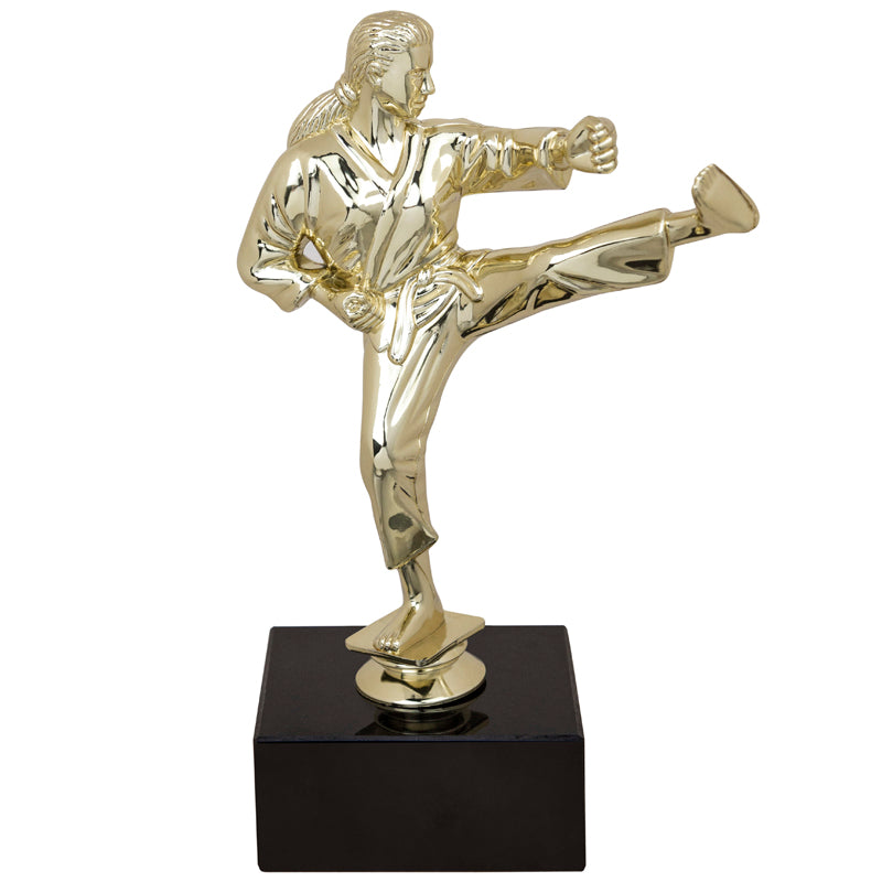 9-1/2 INCH FEMALE KARATE FIGURE TROPHY ON BLACK MARBLE BASE
