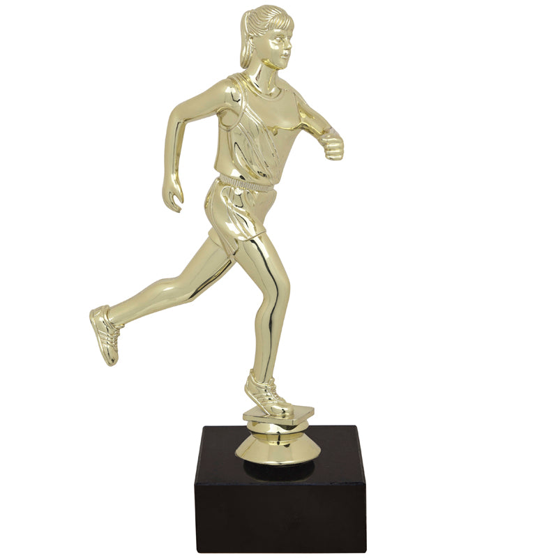 9-1/2 INCH FEMALE TRACK FIGURE TROPHY ON BLACK MARBLE BASE