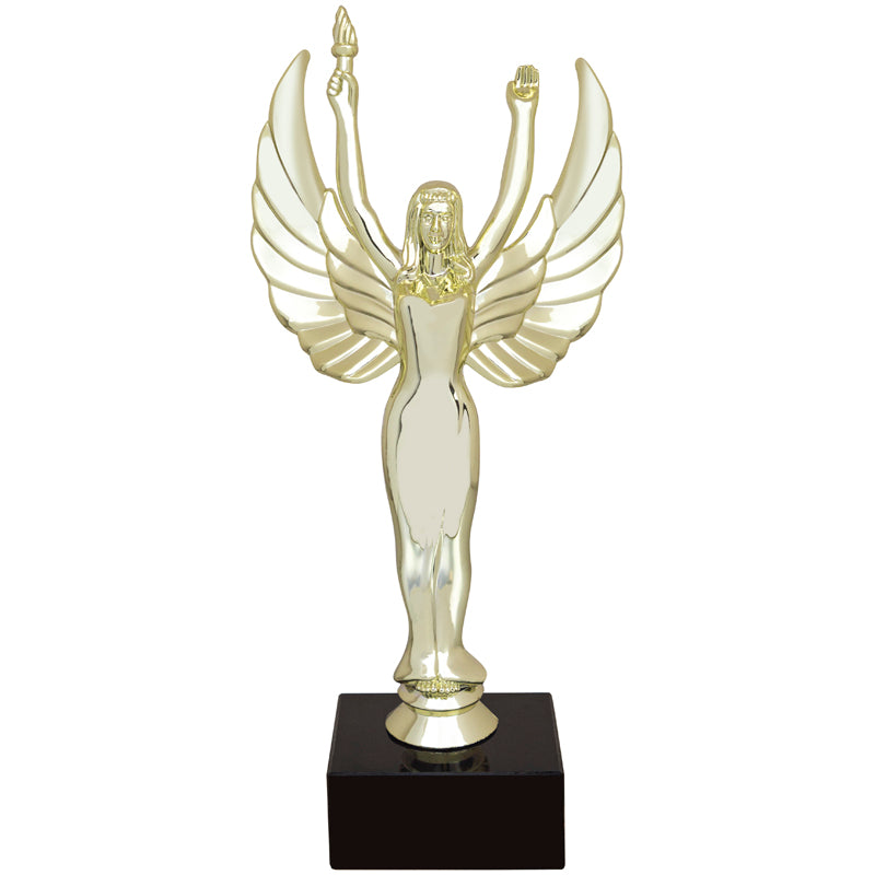 9-1/2 INCH FEMALE VICTORY FIGURE TROPHY ON BLACK MARBLE BASE