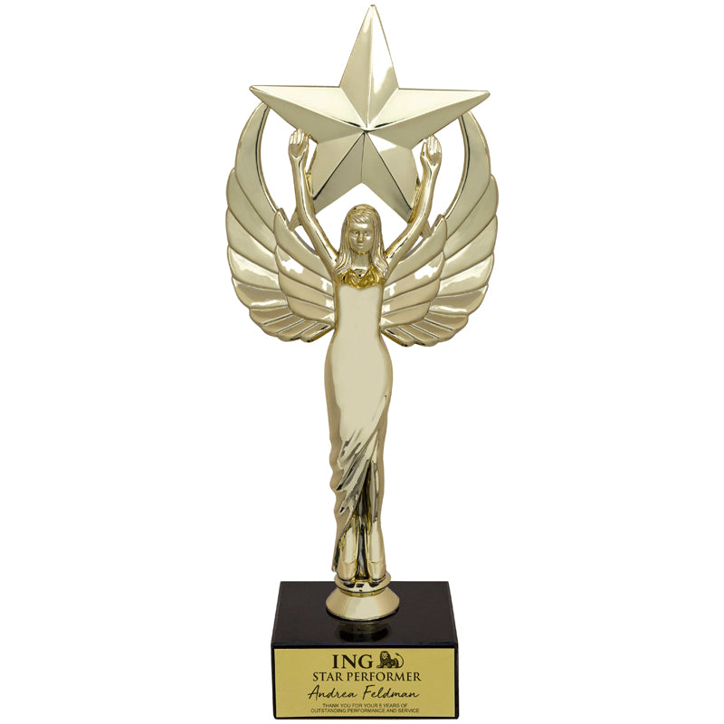 9-1/2 INCH FEMALE VICTORY STAR FIGURE TROPHY ON BLACK MARBLE BASE