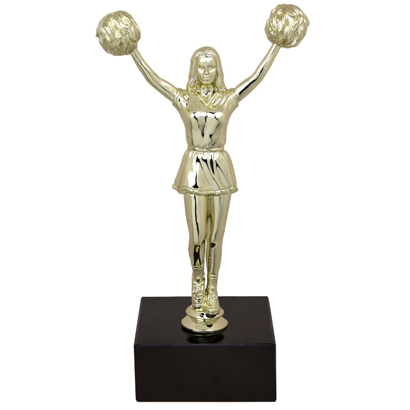 9-1/2 INCH FEMALE CHEERLEADER FIGURE TROPHY ON BLACK MARBLE BASE