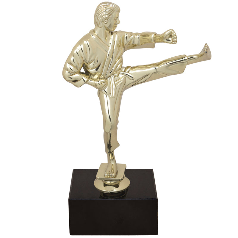 9-1/2 INCH MALE KARATE FIGURE TROPHY ON BLACK MARBLE BASE