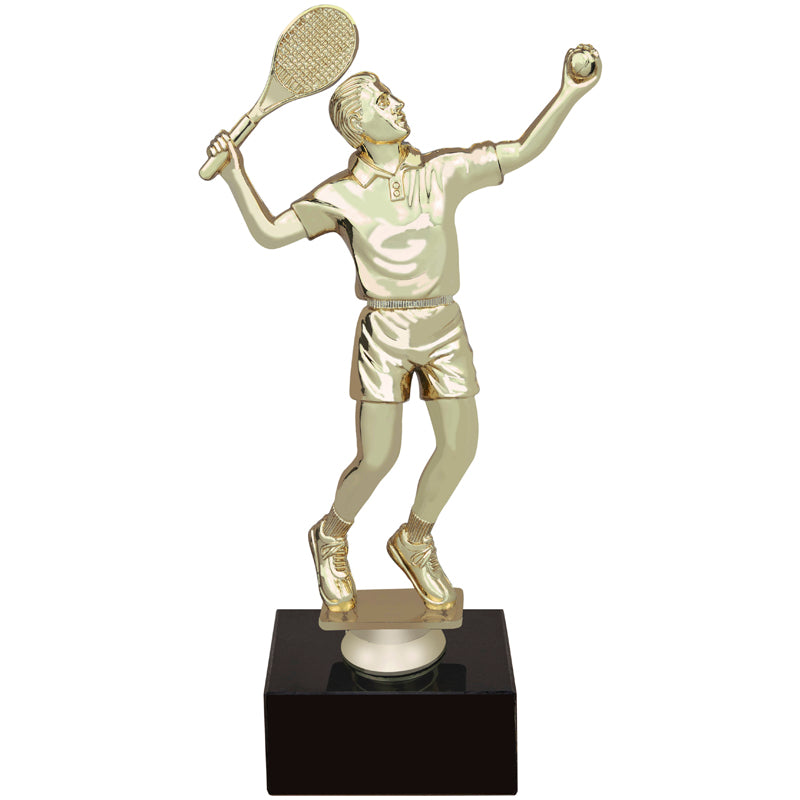 9-1/2 INCH MALE TENNIS FIGURE TROPHY ON BLACK MARBLE BASE