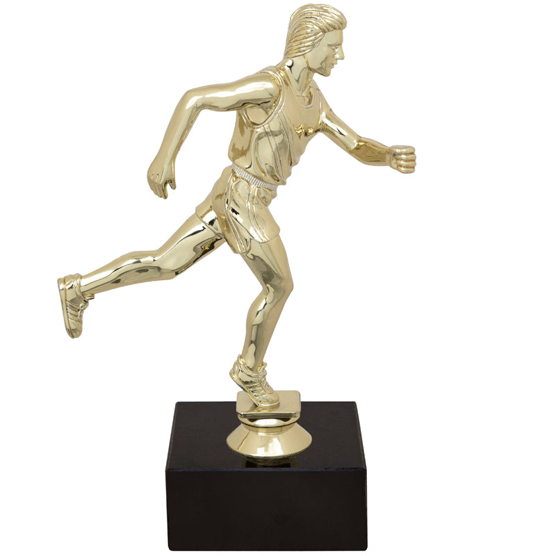 9-1/2 INCH MALE TRACK FIGURE TROPHY ON BLACK MARBLE BASE