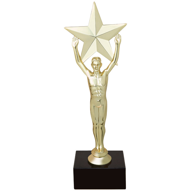 9-1/2 INCH MALE VICTORY STAR FIGURE TROPHY ON BLACK MARBLE BASE