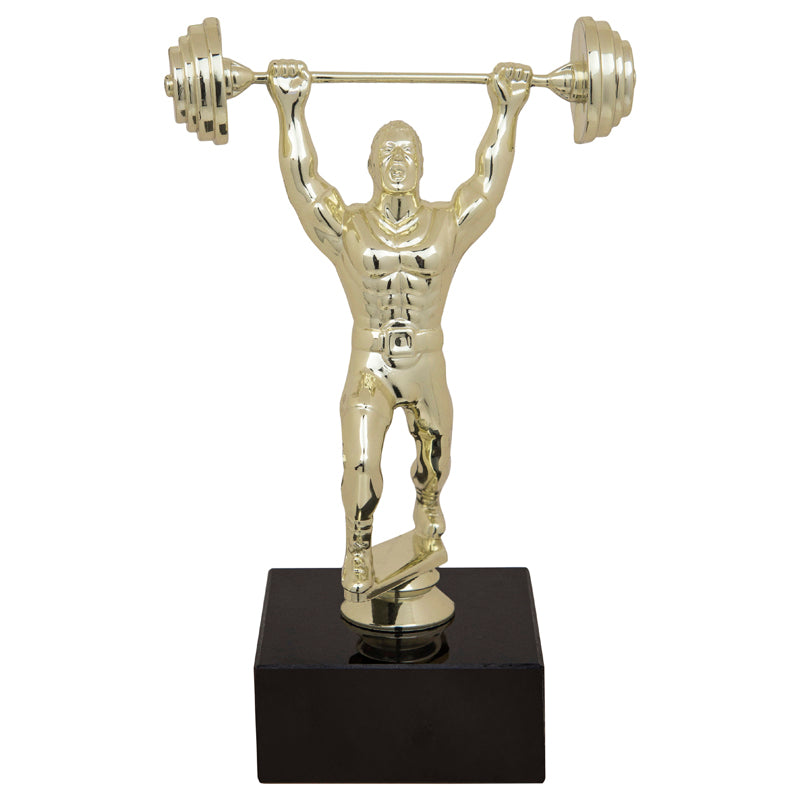 9-1/2 INCH WEIGHTLIFTER FIGURE TROPHY ON BLACK MARBLE BASE