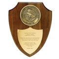 9-1/2 X 12 INCH GENUINE WALNUT SHIELD, WITH 4 INCH HIGH RELIEF MEDALLION