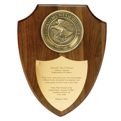 9-1/2 X 12 INCH GENUINE WALNUT SHIELD, WITH 4 INCH HIGH RELIEF MEDALLION