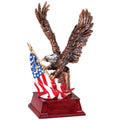 9-1/4 INCH ANTIQUE BRASS RESIN EAGLE WITH HAND PAINTED AMERICAN FLAG TROPHY