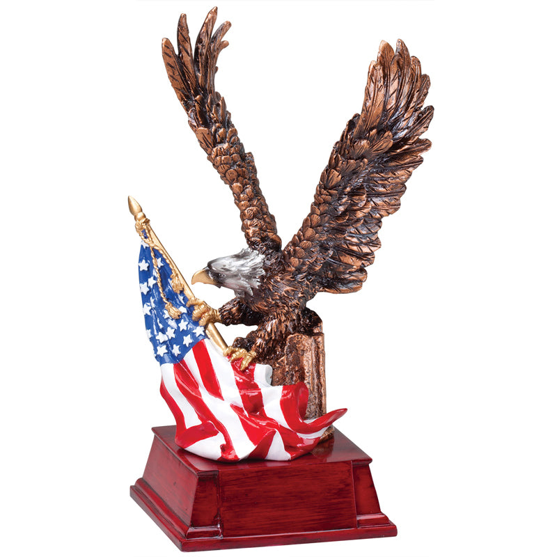 9-1/4 INCH ANTIQUE BRASS RESIN EAGLE WITH HAND PAINTED AMERICAN FLAG TROPHY