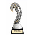 9-1/4 INCH MALE GOLF MOTION TROPHY HAND PAINTED ANTIQUE SILVER RESIN ON GOLF BALL BLACK BASE