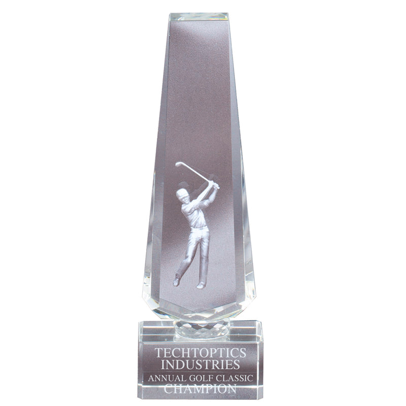 9-1/4 x 3" INCH GOLF TOWER OPTICAL CRYSTAL WITH MALE GOLFER LASER ENGRAVE