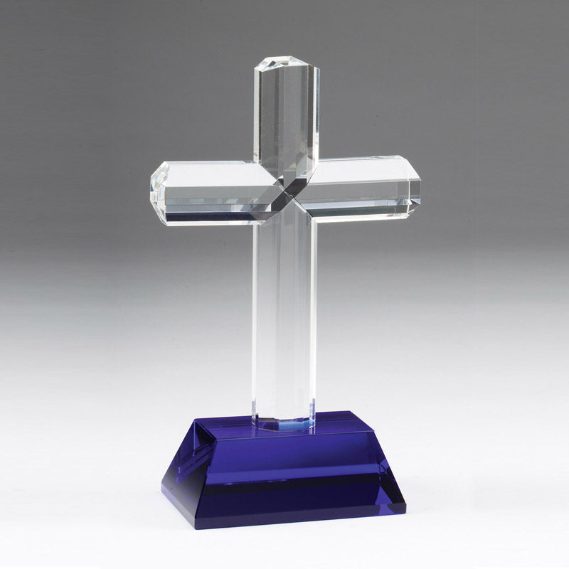 9-3/4 INCH CRYSTAL RELIGIOUS CROSS BLUE CRYSTAL BASE