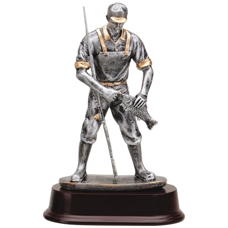 9 INCH ANTIQUE SILVER AND GOLD RESIN FISHERMAN TROPHY ON BLACK RESIN BASE