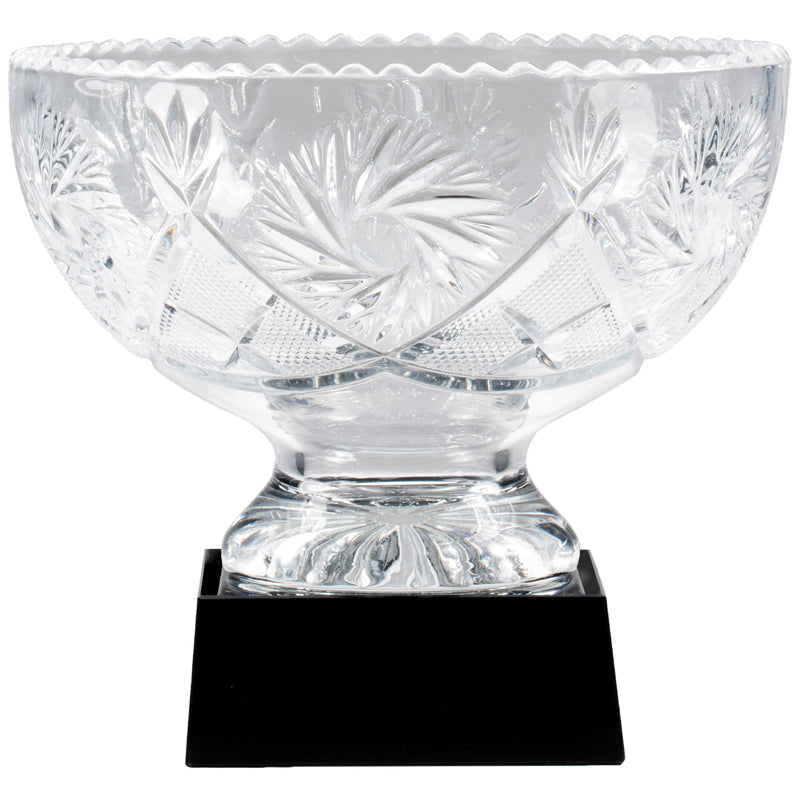 9 INCH DIAMETER HAND CUT CRYSTAL BOWL MOUNTED ON BLACK CRYSTAL BASE