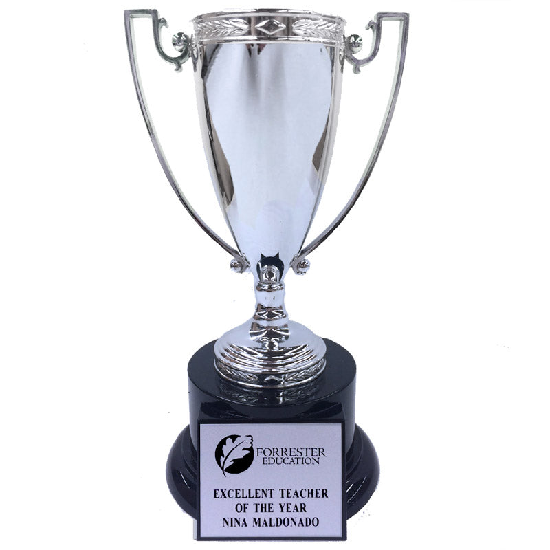 9 INCH HEIGHT DIE CAST SILVER METAL CUP TROPHY ON BLACK BASE