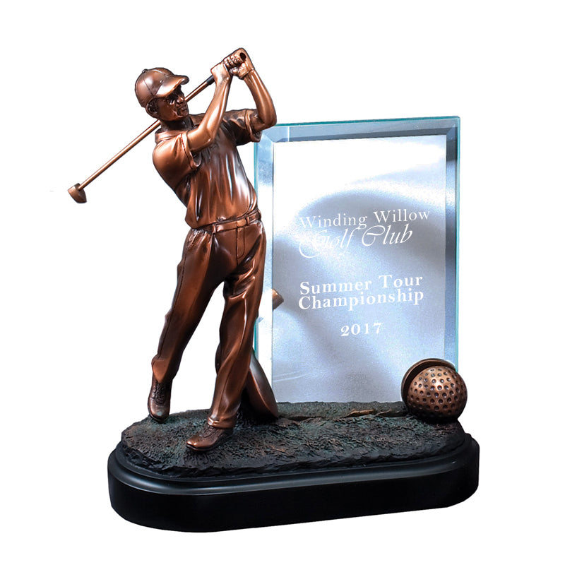 9 INCH MALE GOLFER TROPHY ELECTROPLATED BRONZE WITH ENGRAVING GLASS