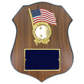 9 X 11-1/2 INCH POLICE SHIELD SHAPE PLAQUE WITH AMERICAN FLAG WREATH