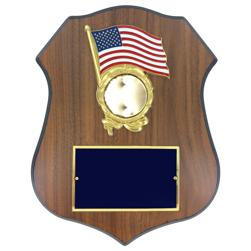 9 X 11-1/2 INCH POLICE SHIELD SHAPE PLAQUE WITH AMERICAN FLAG WREATH