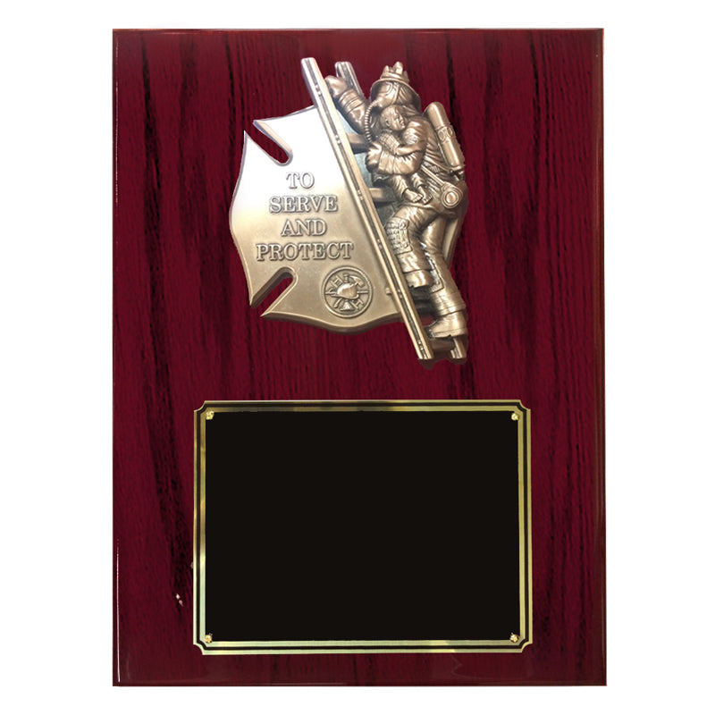 9 X 12 FIREFIGHTER WITH CHILD PIANO CHERRY FINISHED PLAQUE
