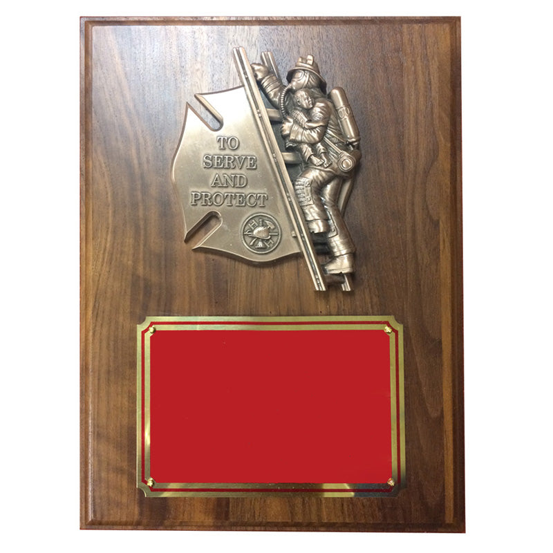 9 X 12 FIREFIGHTER WITH CHILD WALNUT VENEER PLAQUE