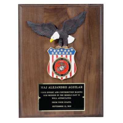 9 X 12 INCH EAGLE PLAQUE WALNUT FINISH TAKES 2 INCH  MEDALLION