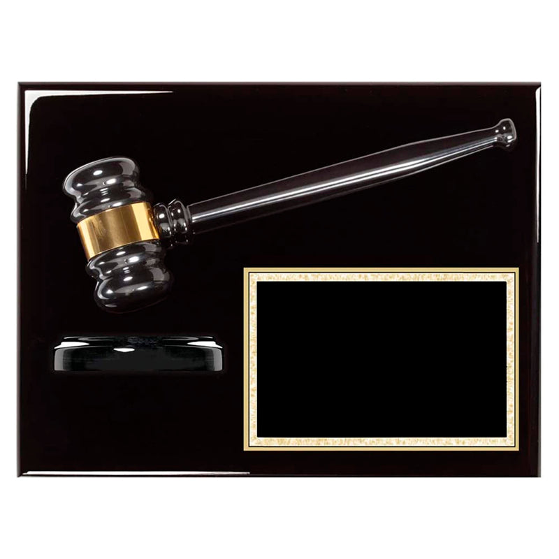 9 x 12 INCH EBONY PIANO FINISH GAVEL PLAQUE WITH GAVEL BLOCK AND BLACK ENGRAVING PLATE