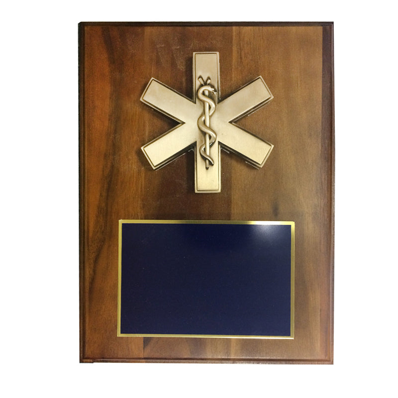 9 X 12 INCH EMT\PARAMEDIC STAR OF LIFE PLAQUE ON WALNUT VENEER BOARD
