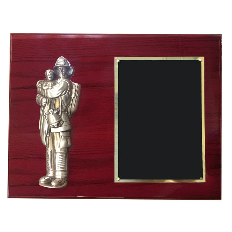 9 X 12 INCH FIRE FIGHTER HOLDING CHILD ON PIANO FINISH CHERRY PLAQUE