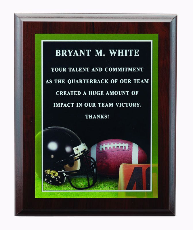 9 X 12 INCH FOOTBALL  PHOTO SPORTS PLAQUE WITH LASER ENGRAVED PLATE
