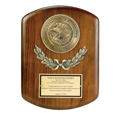 9 X 12 INCH GENUINE WALNUT DEPARTMENT OF JUSTICE PLAQUE WITH 4 INCH MEDALLION