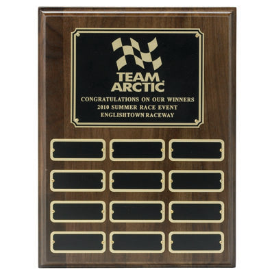 9 X 12 INCH GENUINE WALNUT MULTIPLE PLATE PLAQUE WITH 12 BLACK SCREENED PLATES