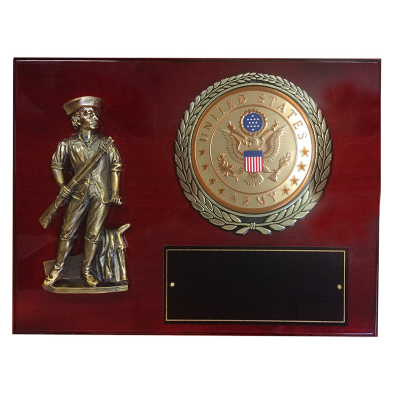 9 X 12 INCH MINUTEMAN PLAQUE WITH 4 INCH U.S. ARMY SYMBOL EMBOSSED MEDALLION