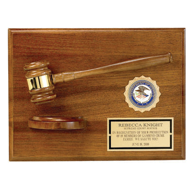 9 X 12 INCH PLAQUE GENUINE WALNUT FINISH WITH GAVEL AND BLOCK, HOLDS 2 INCH INSERT