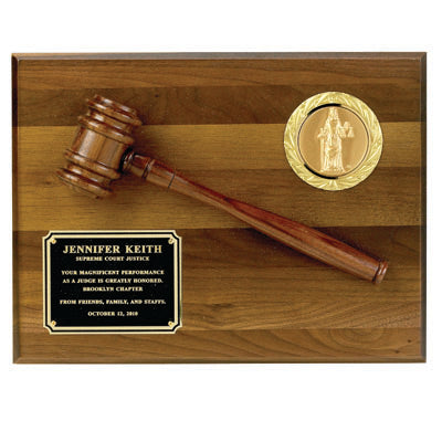 9 X 12 INCH PLAQUE GENUINE WALNUT FINISH WITH GAVEL, HOLDS 2 INCH INSERT
