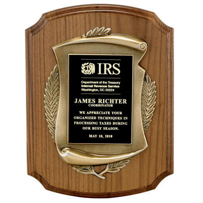 9 X 12 INCH PLAQUE GENUINE WALNUT WITH CAST ANTIQUE BRASS FRAME - MULTIPLE PLATE COLORS