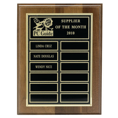 9 X 12 INCH WALNUT FINISH PLAQUE WITH 7 X 10 INCH SINGLE SCREENED PLATE WITH 12 ENGRAVING SPACES