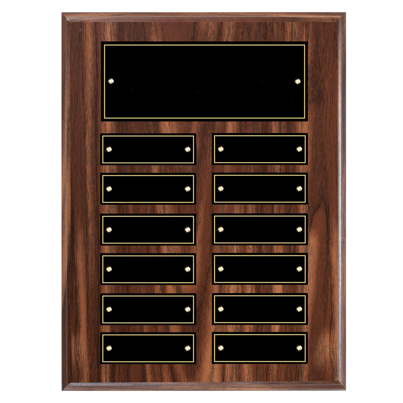 9 X 12 INCH WALNUT FINISH PERPETUAL PLAQUE WITH BLACK & GOLD PLATES